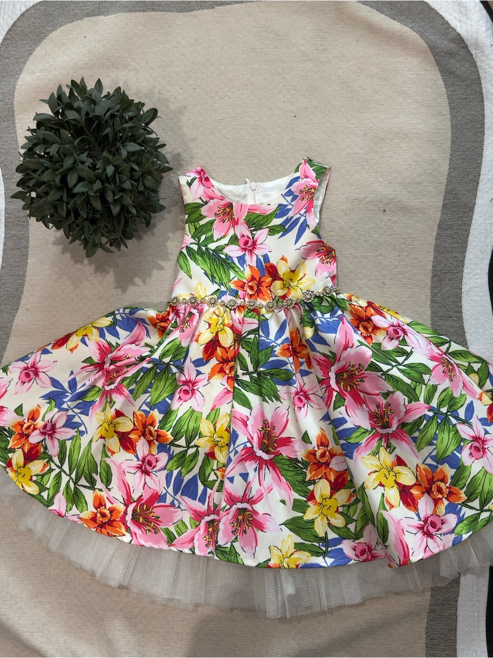 Girls Floral Sleeveless Party Dress with Tulle Hem